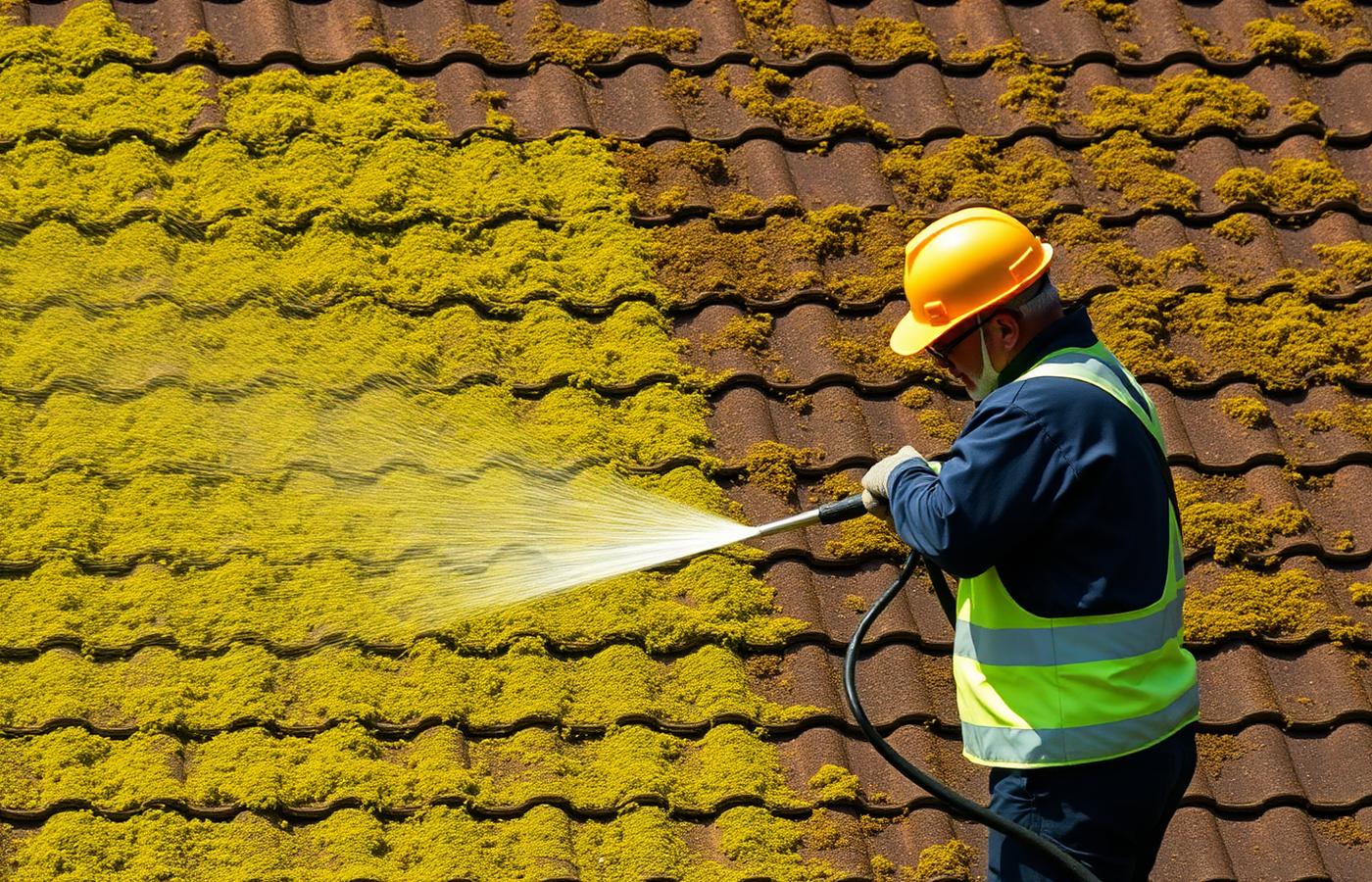Après : toiture envahie de mousse avant et après démoussage